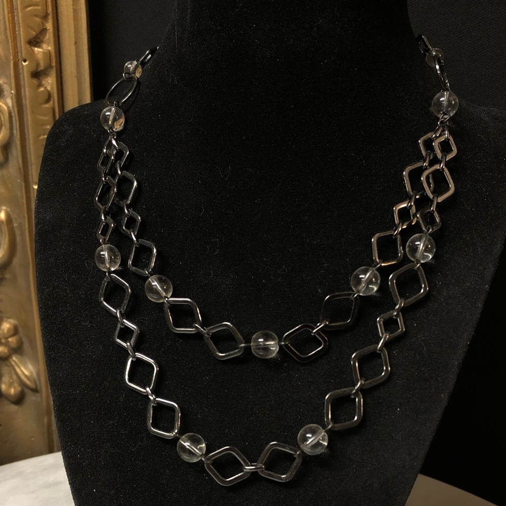 NINE WEST Necklace Diamond Shape Links Clear Glass Beads Double Strand Fashion